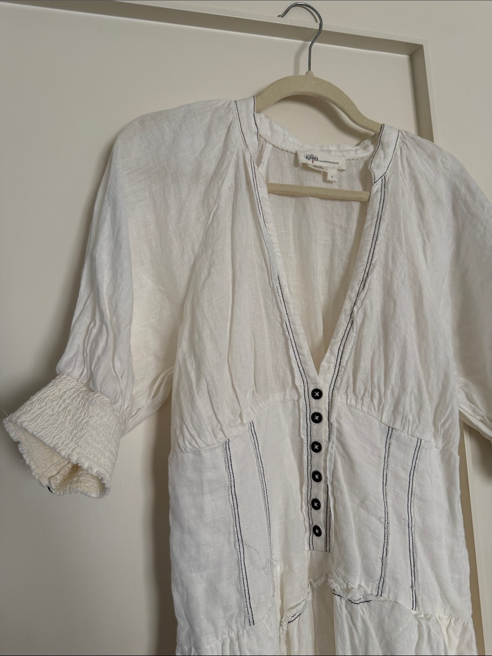 Anthropologie White Linen- Buttoned Peasant dress with Black Contrast Stitching